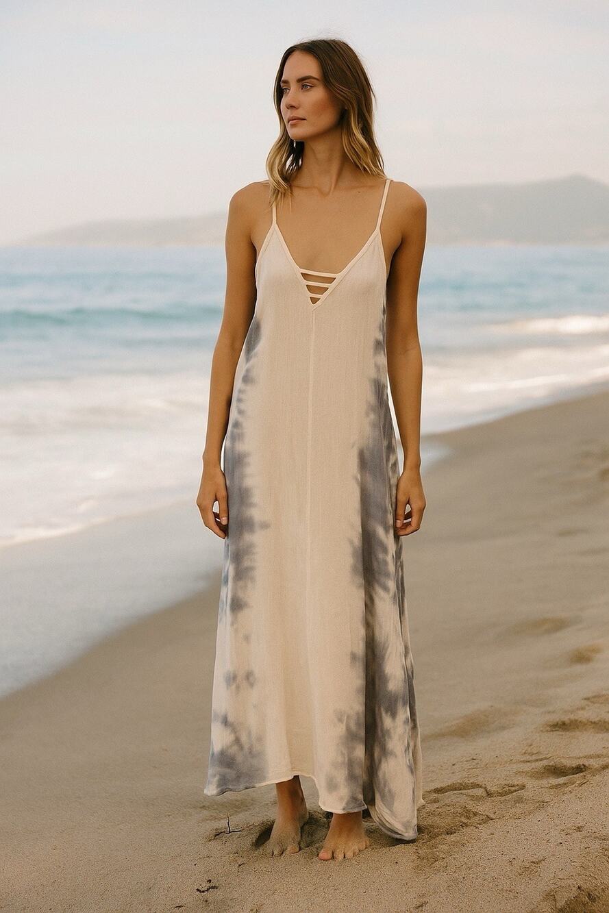 Jen's pirate booty Maxi Tie dye Gauze Beach V neck Sundress minimalist lux -M/L